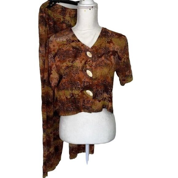 Tanami Pant Top Set Womens Size Medium M Vintage Rayon Patterned Brown Black - Picture 5 of 12
